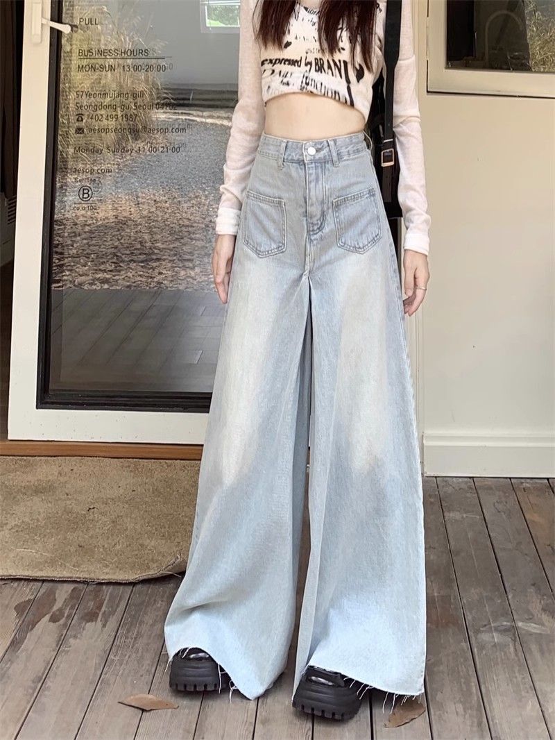 Light color retro design high waist wide-leg jeans for women in spring and autumn new style small loose straight floor trousers