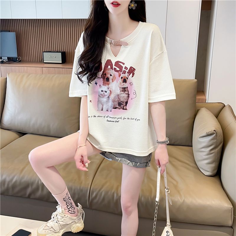 實拍 華夫格短袖T恤女裝夏季新款設計感小眾寬鬆大碼上衣