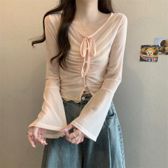 Photographed V-neck semi-transparent long-sleeve sun shirt summer thin model outerwear design sense niche small top