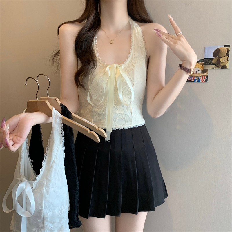 Real shot Pure desire sexy bow tie spliced lace top women slimming slimming strapless back short vest 