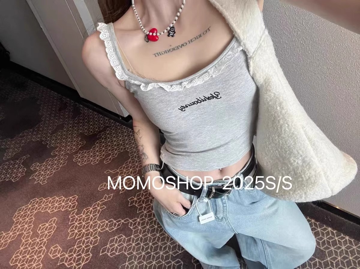 Korean chic pure cotton summer lace suspender vest design sense hot girl sleeveless knitted base top with clothes