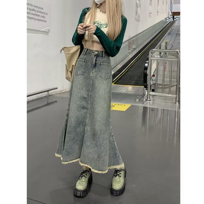 Retro Hong Kong style ins high waist slim A-line denim skirt female student covers hips and fish tail mid-length style over knees