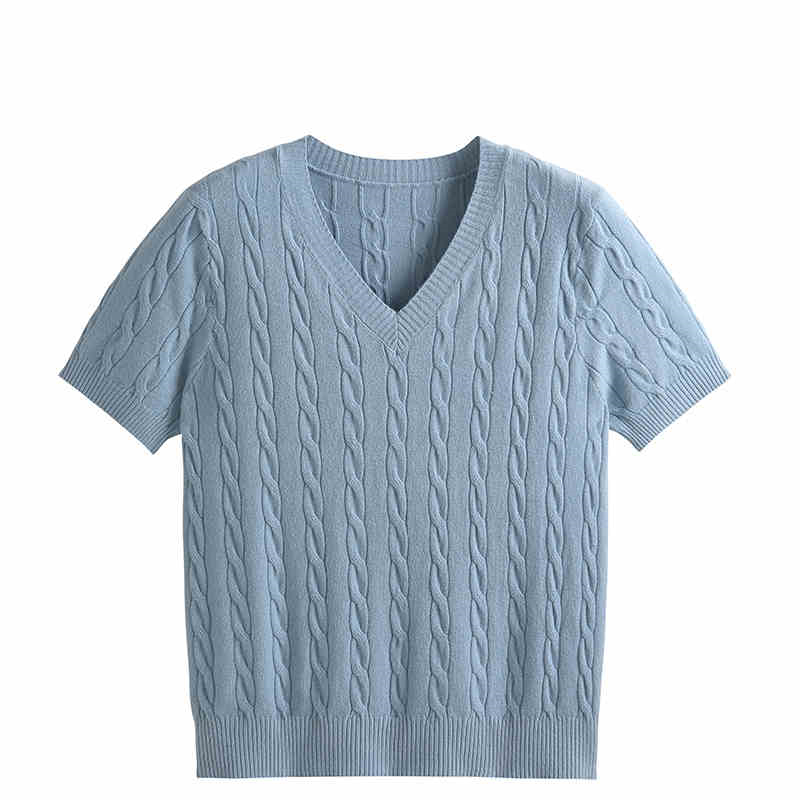 New summer retro V-neck threaded knitted short-sleeved women's solid color versatile collar thin pullover top