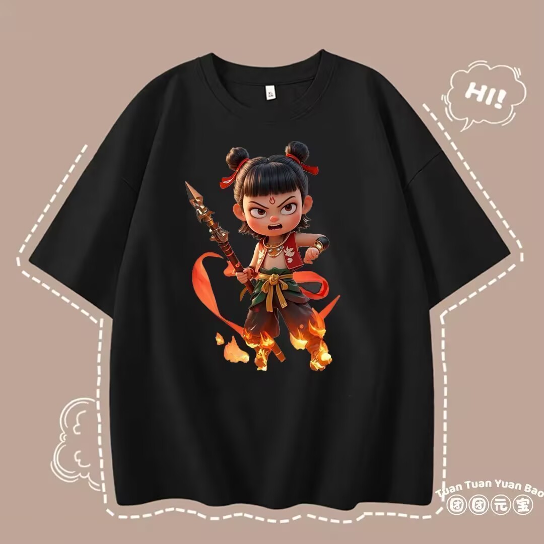 2025 summer round neck men and women short-sleeved national trend personalized versatile loose casual trend Nezha printed T-shirt