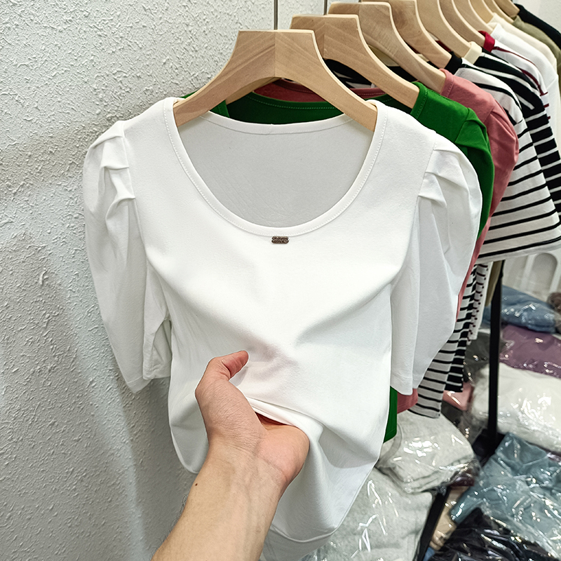 Real shot of pure cotton ribbed puff sleeves for women's T-shirt