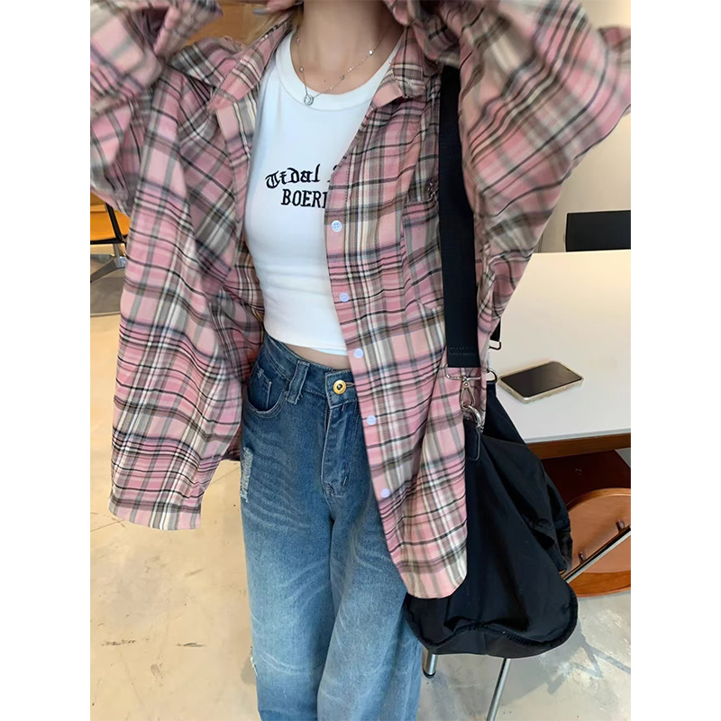 New spring and autumn loose long-sleeved pink plaid shirt for women Korean pink retro lazy style sunscreen cardigan jacket