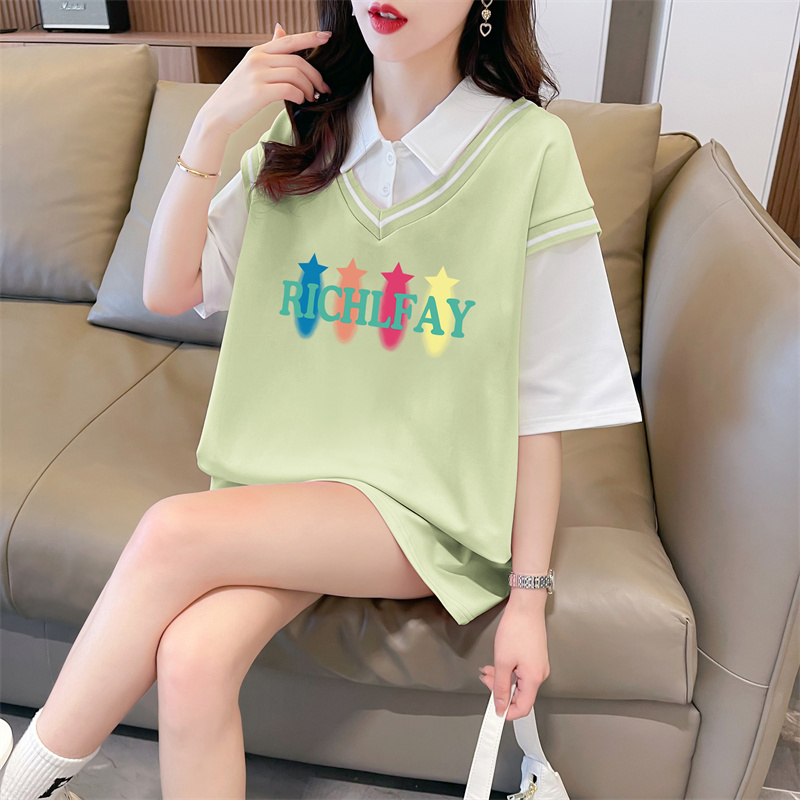 首發實拍斜紋拉架假兩件短袖T恤女夏新款寬鬆上衣潮牌質量