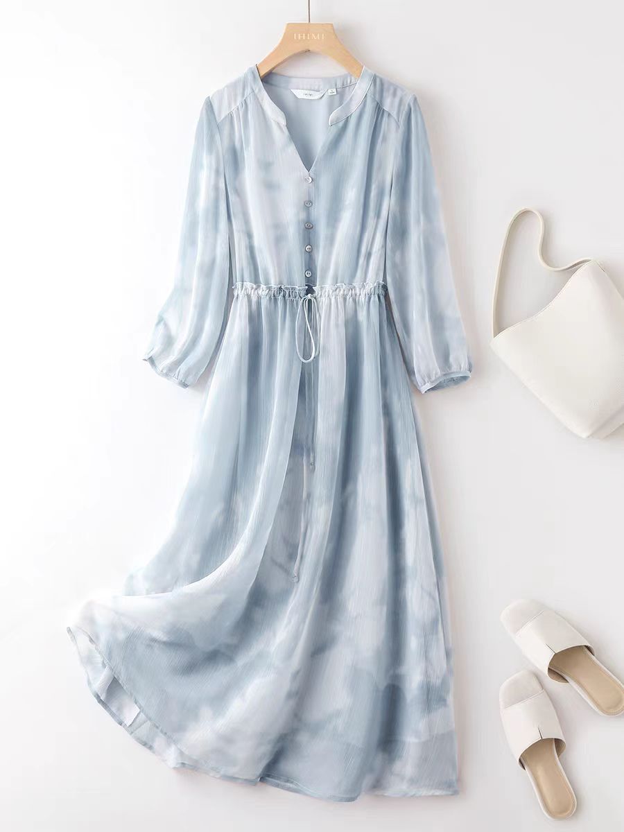2025 spring temperament high-end mid-length skirt design watercolor smudge chiffon dress for women