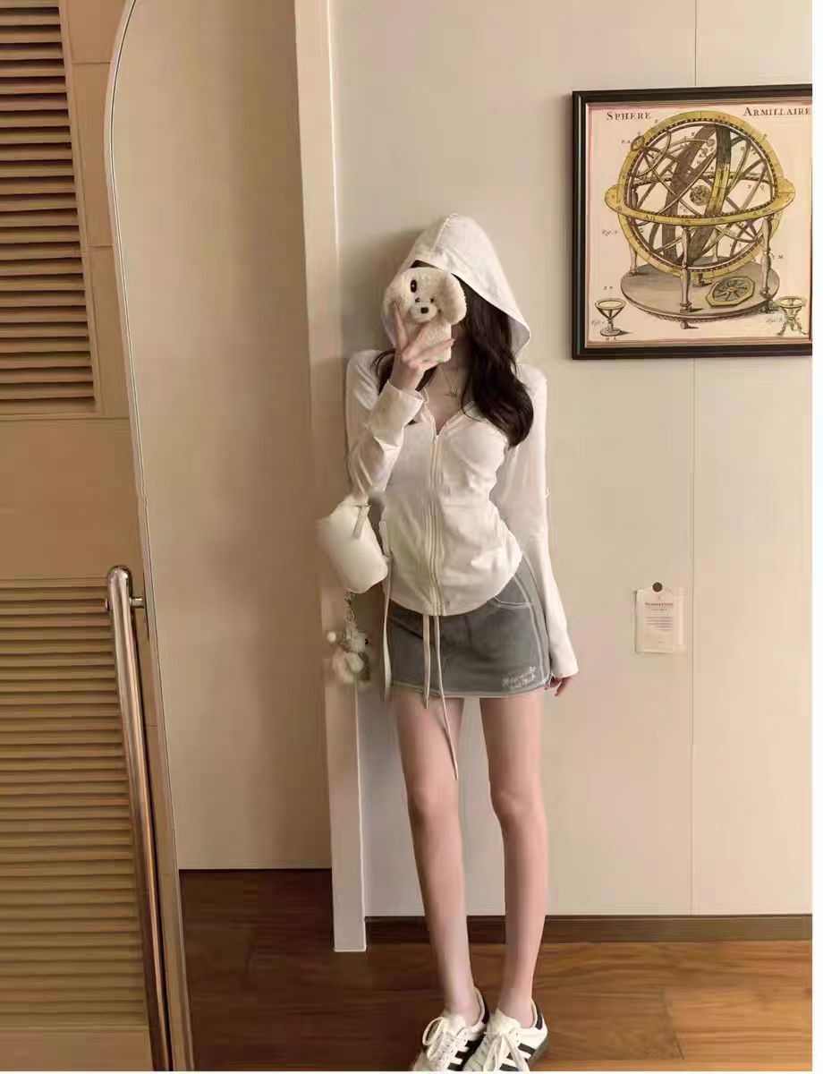 原版面料連帽拉鏈款白色防曬長袖t恤女百搭開衫上衣外套