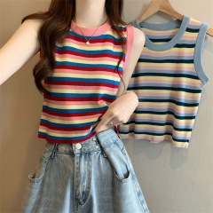 Real shot, new Korean style design, dopamine rainbow striped suspender sweater