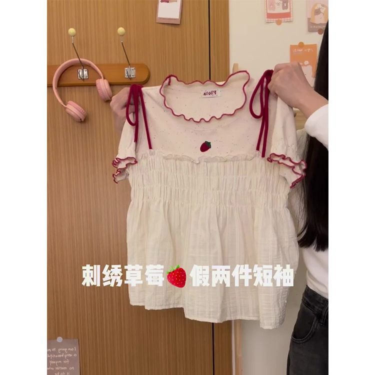 原版做工   刺繡+打攬工藝 廣州原版面料 假兩件短袖T恤女