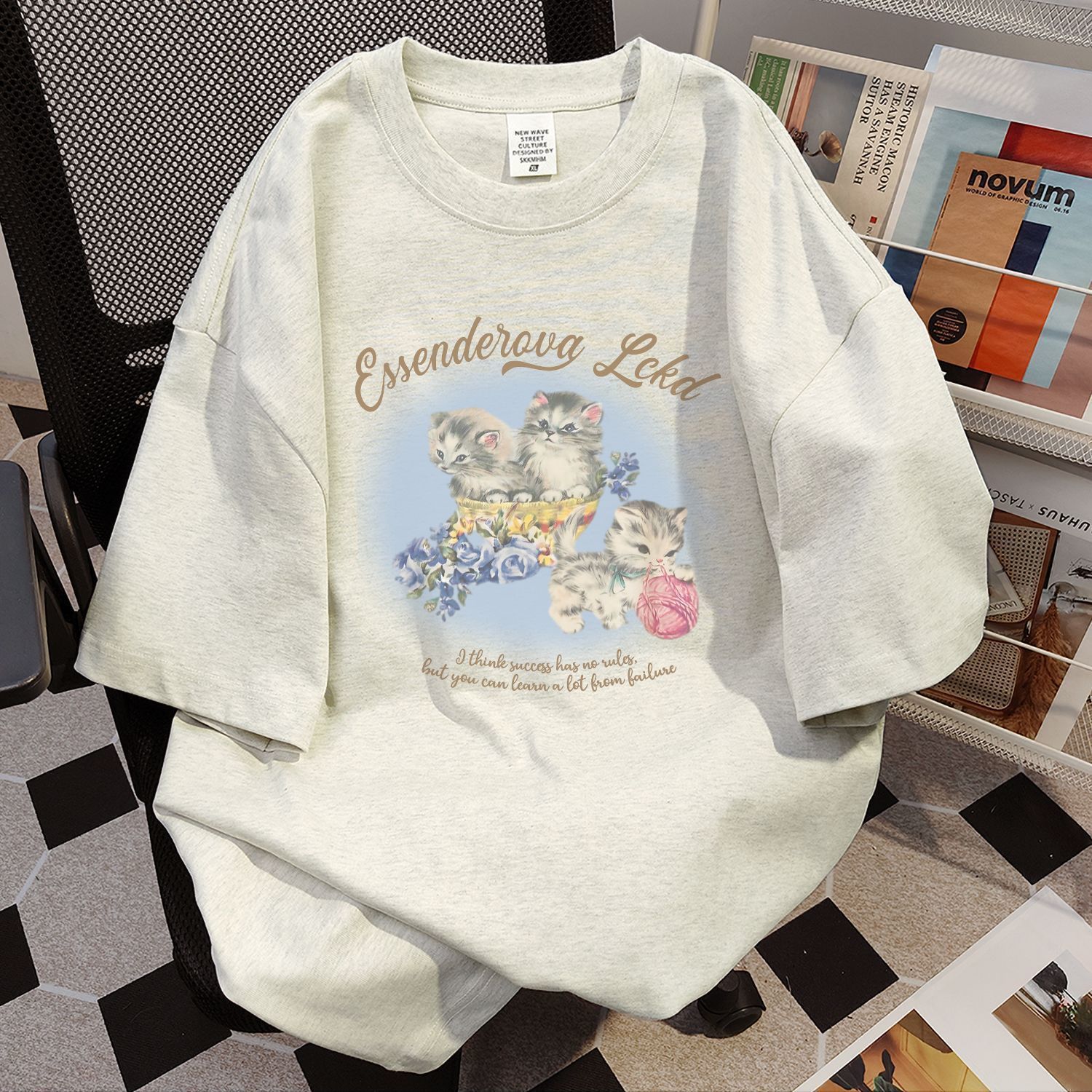 100 pure cotton design feel loose short-sleeved T-shirt letters cute kitten print summer trendy brand men and women students tops