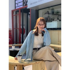 明星同款寬鬆藍色格子襯衫女秋季年新款顯瘦襯衣韓系穿搭上衣