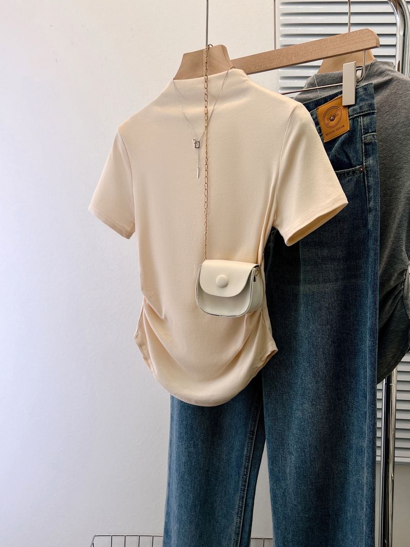 Real shot of 40 count pure cotton 210g 92 cotton/8 spandex high neck slim fit short sleeved T-shirt for women