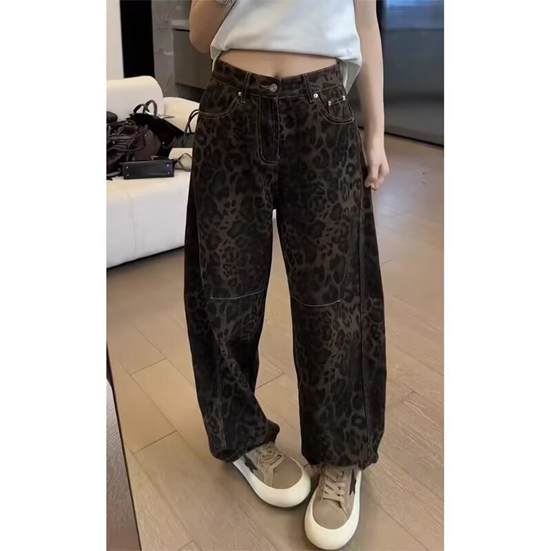 Leopard print high street jeans for women in spring new style high waist slimming straight-leg casual wide-leg trousers