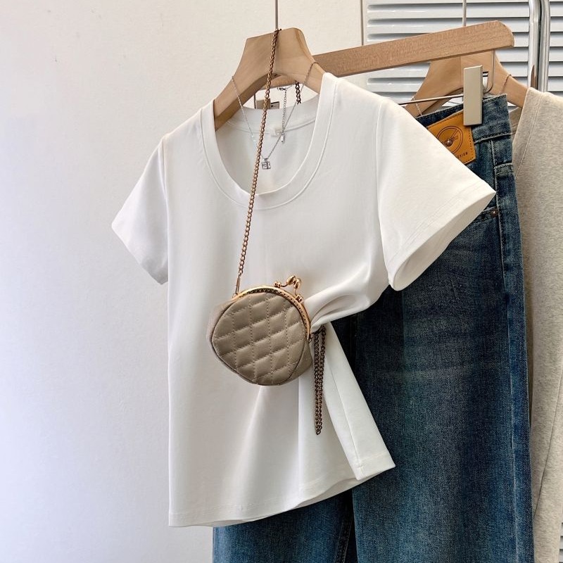 Real photo 40 pure cotton 210g 92 cotton/8 spandex short-sleeved T-shirt women's pure color