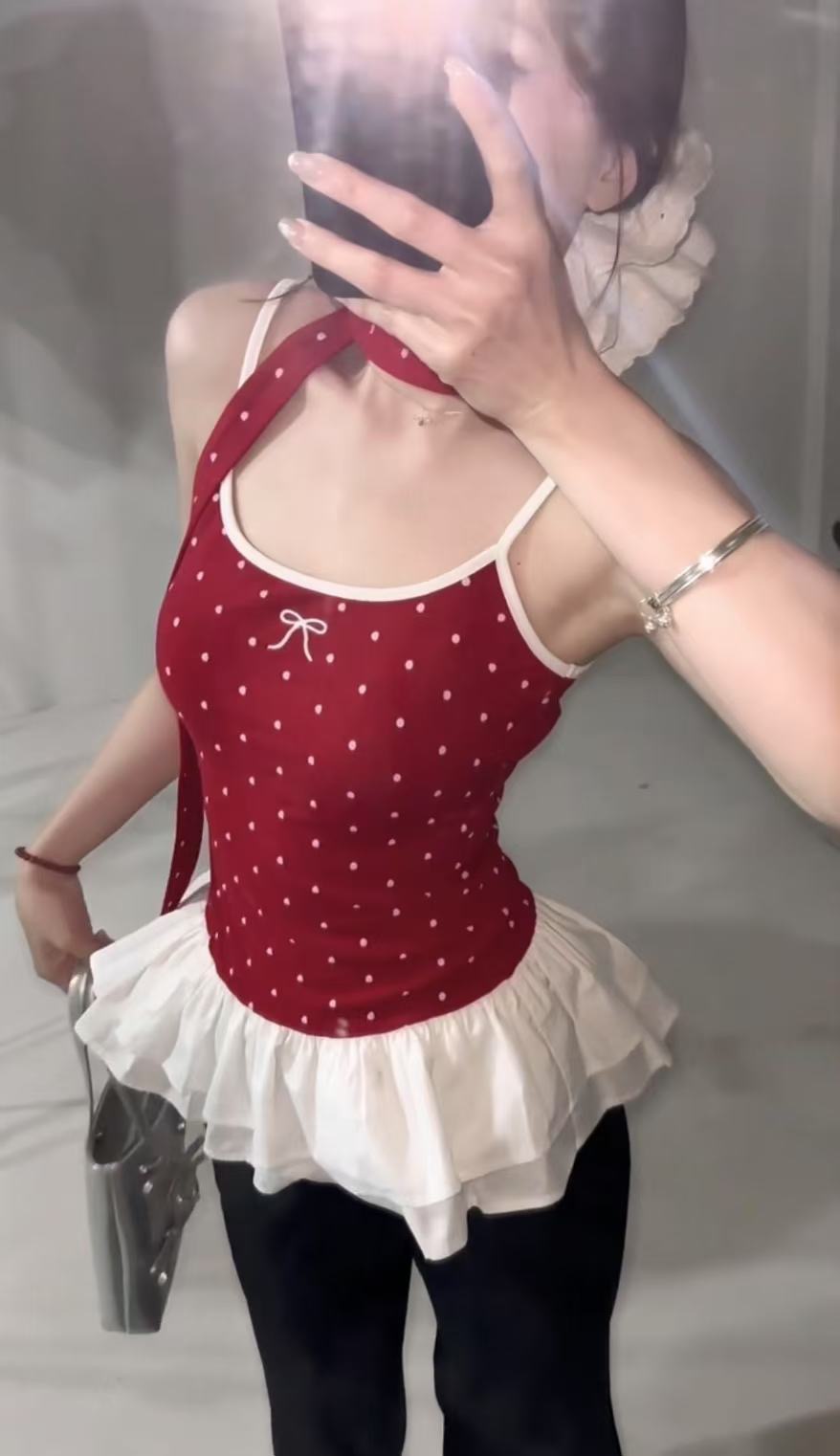 Song Zheng'en polka dot red suspender vest for women in summer new bow lace slim fit short top