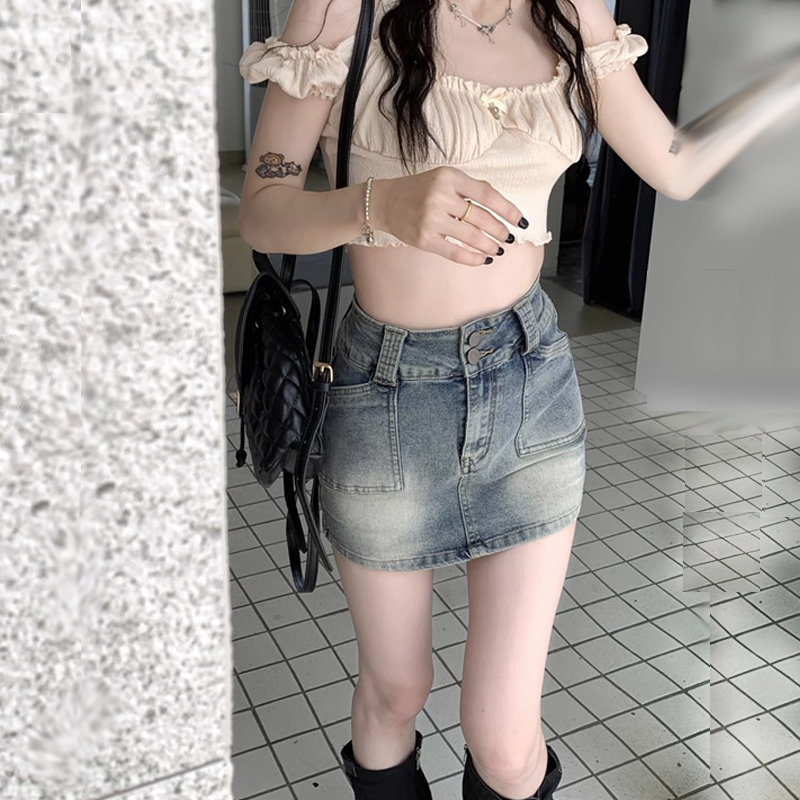 American hot girl retro denim skirt for women in summer new high-waisted slim and versatile hip-covered skirt trendy