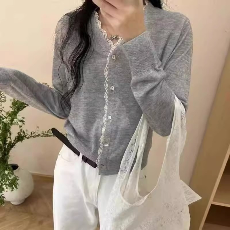 韓系甜美蕾絲花邊貝殼扣細羊毛針織開衫女春季時尚百搭顯瘦薄上衣