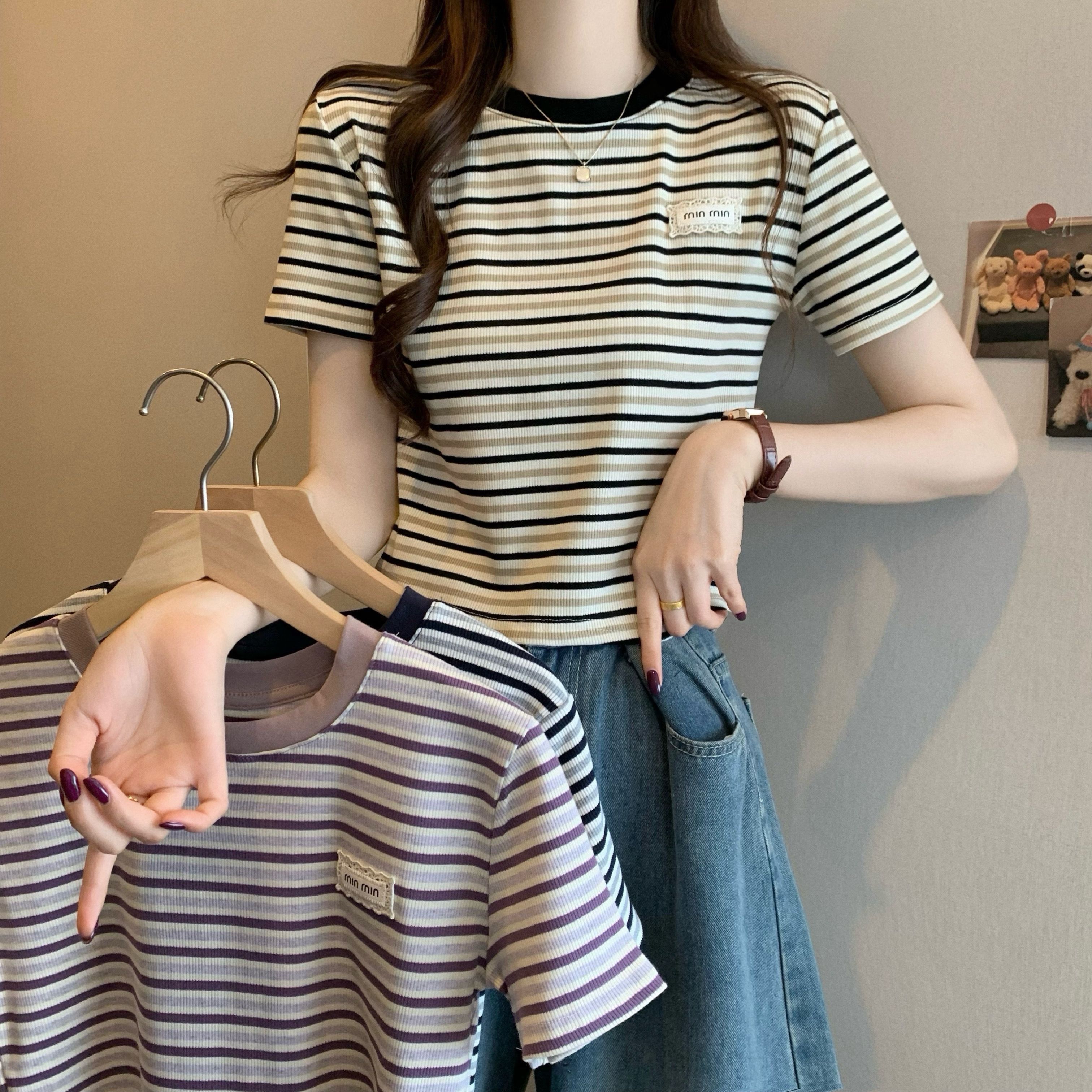 Real shot, new Korean style design, color-blocked striped short-sleeved T-shirt