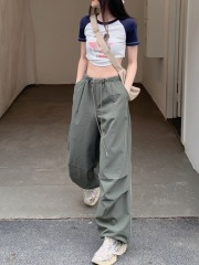 Real shot of American retro hot girl high waist drawstring wide-leg pants new style design sense pants