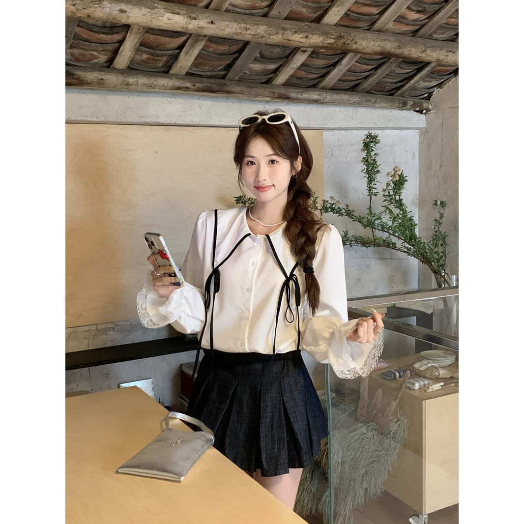 Real photo Korean bow tied lapel shirt for women in spring new style design niche and chic long-sleeved top