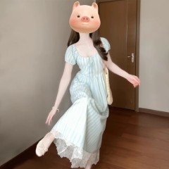 Korean French coffee break short-sleeved drawstring design, waist-hugging and slimming fashionable dress, long small striped skirt