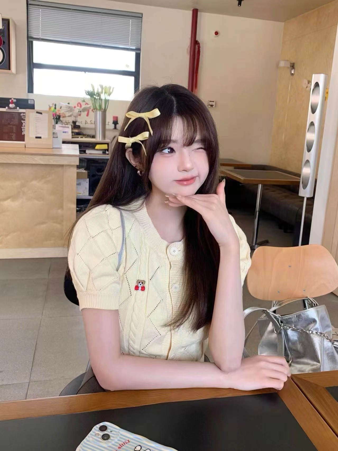 French milk yellow hollow short-sleeved sweater 2025 summer new puff sleeve short cardigan for women