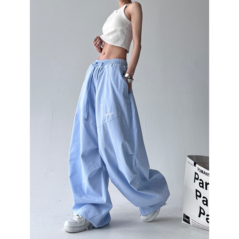 Korean chic bubble plaid striped embroidered wide-leg pants for women in spring and summer new straight loose casual slim trousers trendy