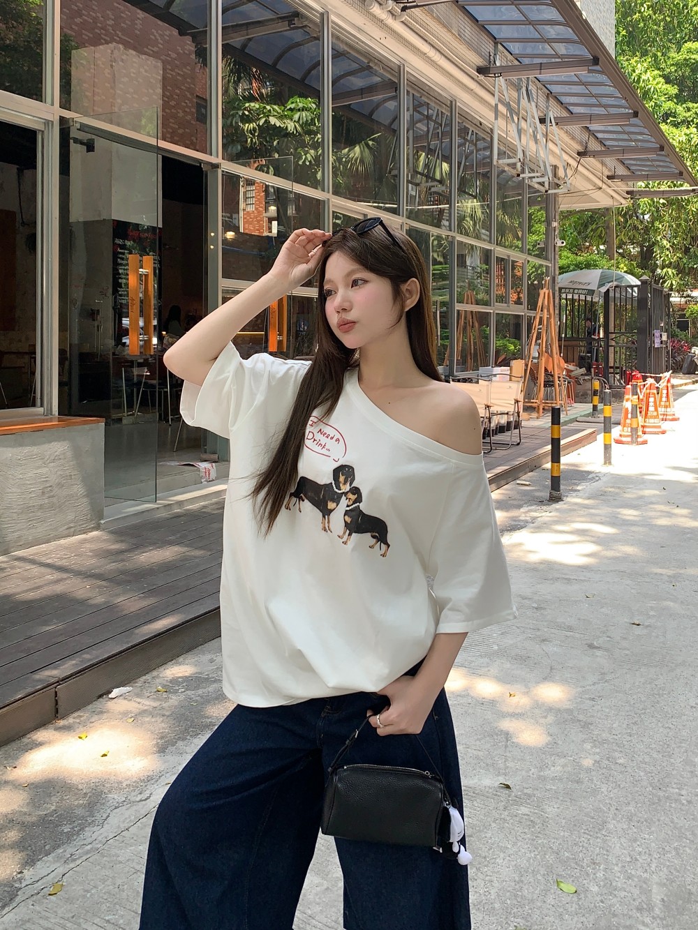 Real photo American one-shoulder short-sleeved T-shirt in summer loose design letter printed side shoulder T-shirt