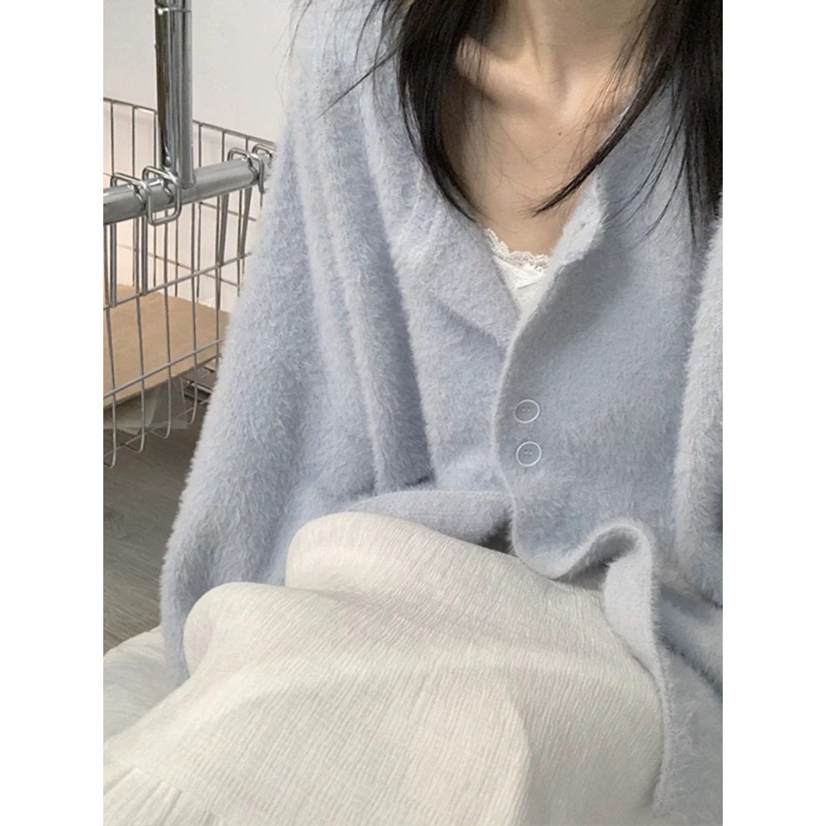 Korean style lazy style loose blue mid-length knitted cardigan for women's autumn and winter mohair Japanese soft sweater jacket