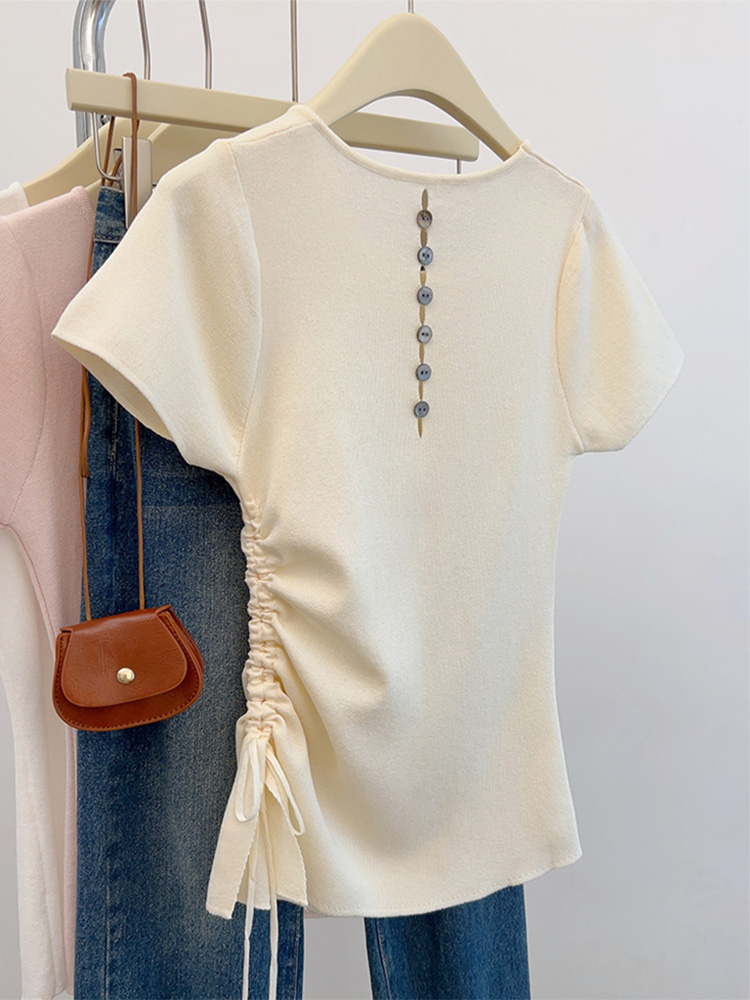 Irregular back hollow mid-length sweater for women in summer design slim drawstring pleated short-sleeved top