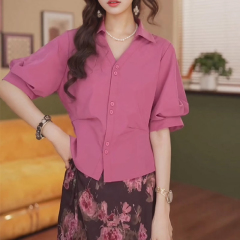 夏季法式泡泡袖襯衫女設計感小眾收腰巨顯瘦別致時尚襯衣修身上衣