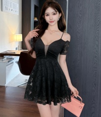 Real shot of new style and sexy lace suspender in summer A-line dress