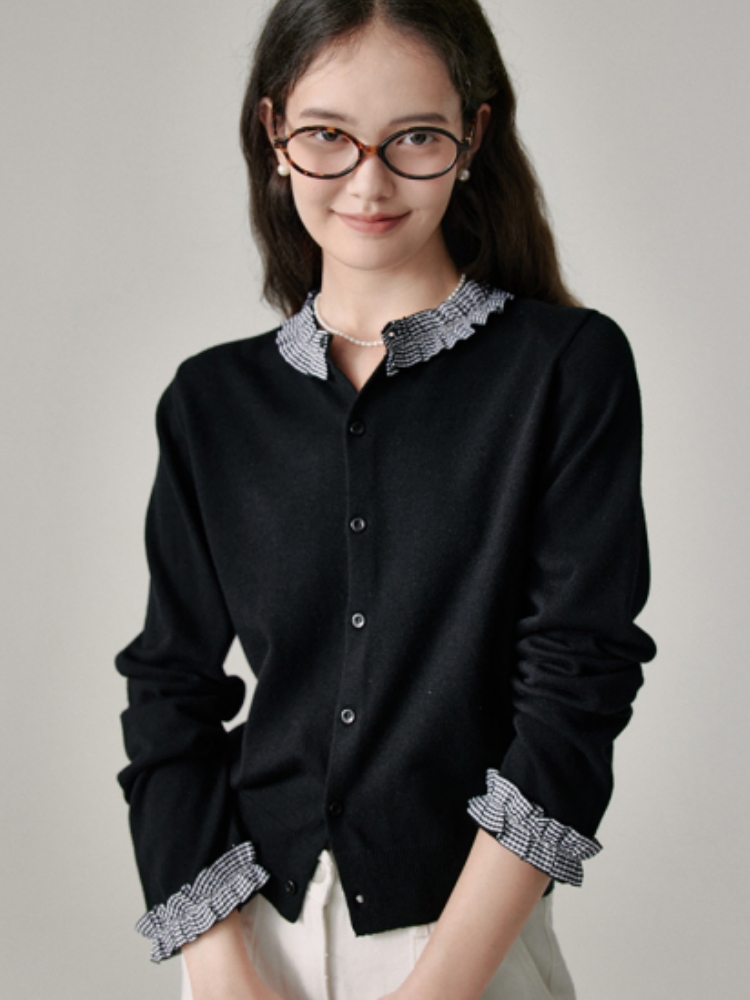 French design-sensing long-sleeved wool knitted cardigan 2025 early autumn new plaid splicing top