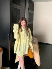 Yellow early spring three-dimensional bow shirt mid-length 2025 new women's design loose slim shirt jacket