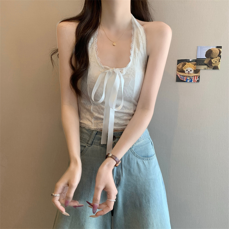 實拍 海邊度假穿搭性感露背白色蕾線掛脖帶胸墊吊帶背心外穿