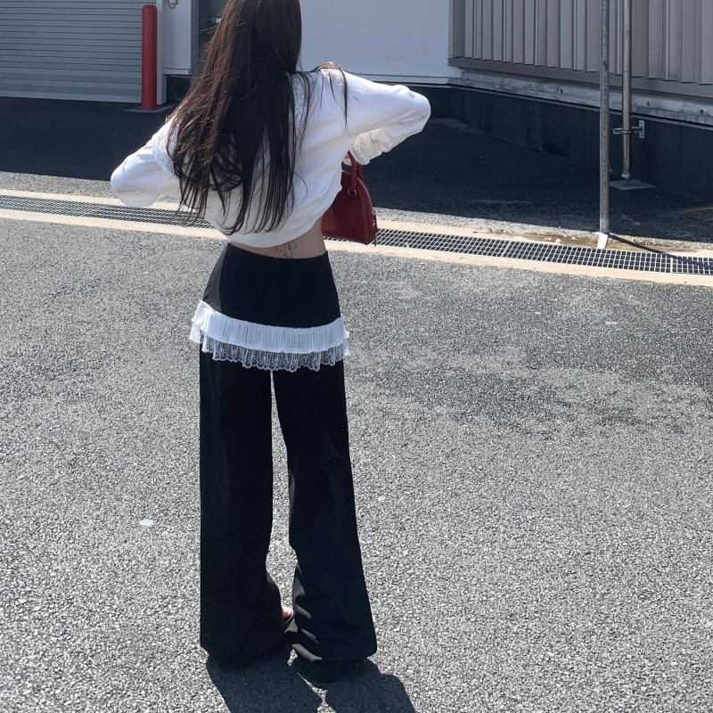 Real shot!  !  Two-piece lace lace spliced ​​trousers wide-leg casual suit pants