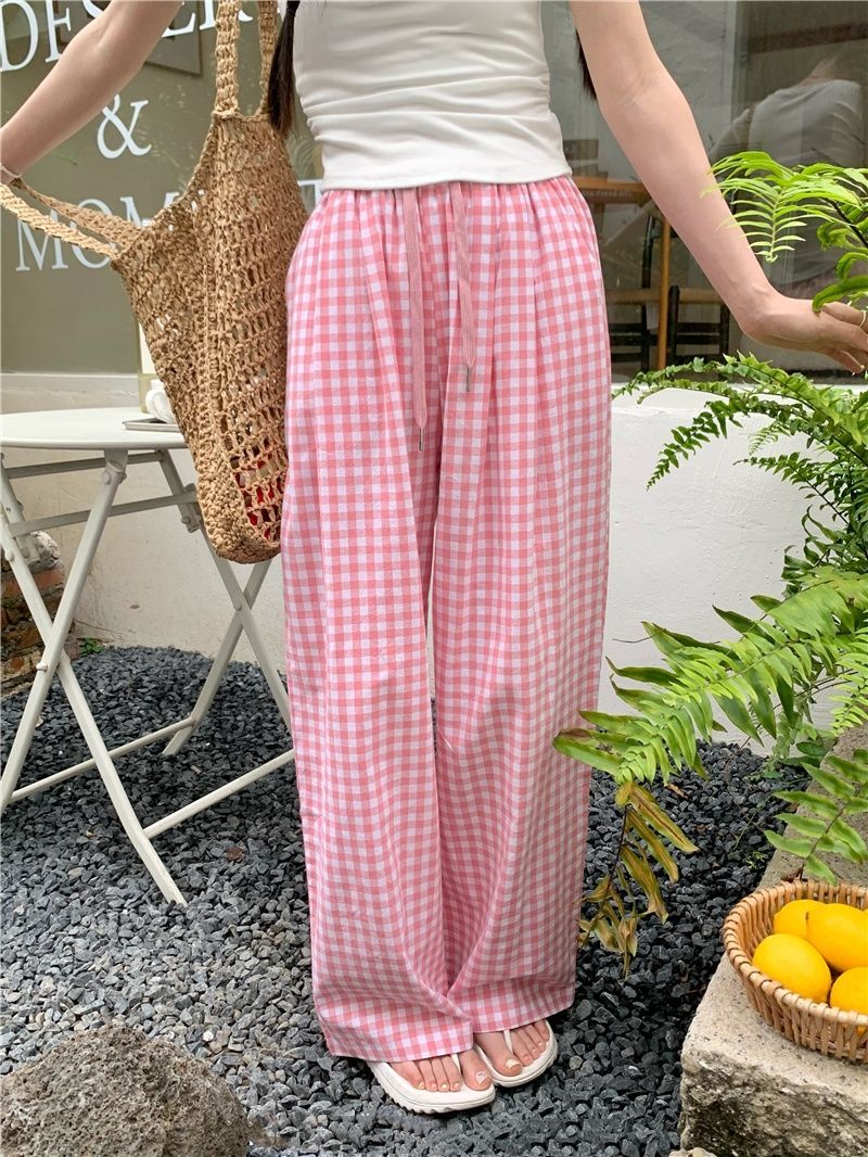Sweet plaid girl plaid walk pants summer contrast elastic waist high waist straight-leg casual pants for women
