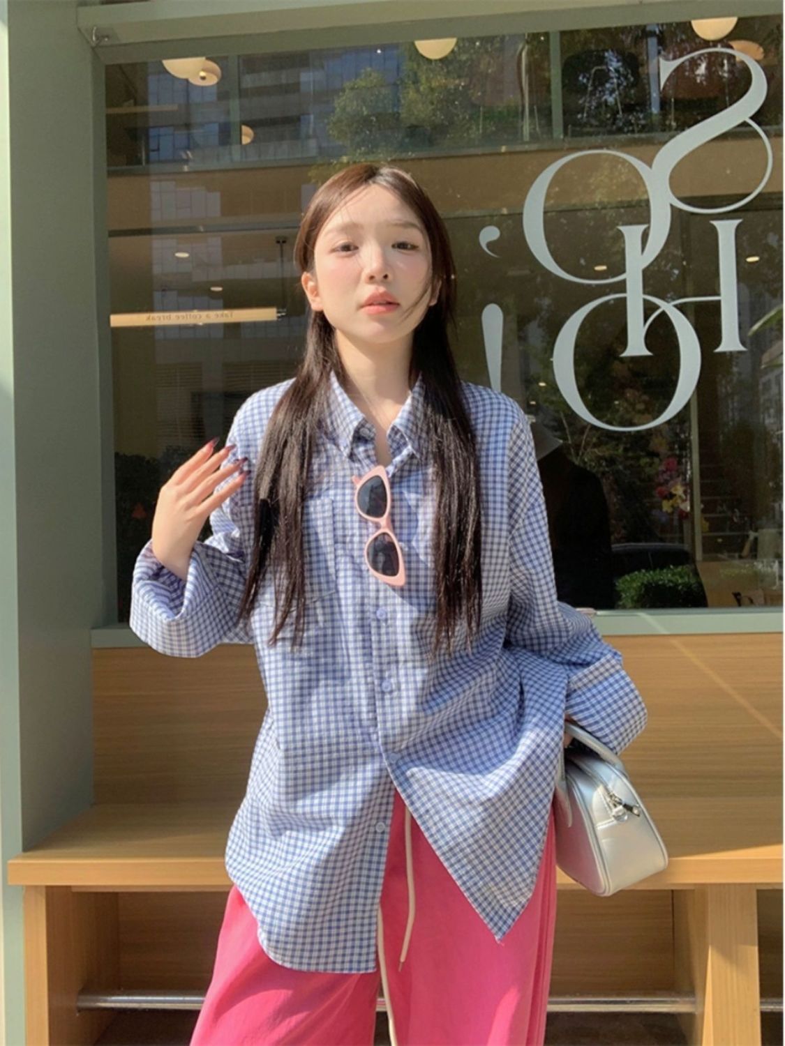 Korean chic blue plaid shirt for women early spring chic lapel long sleeve shirt loose casual mid-length top