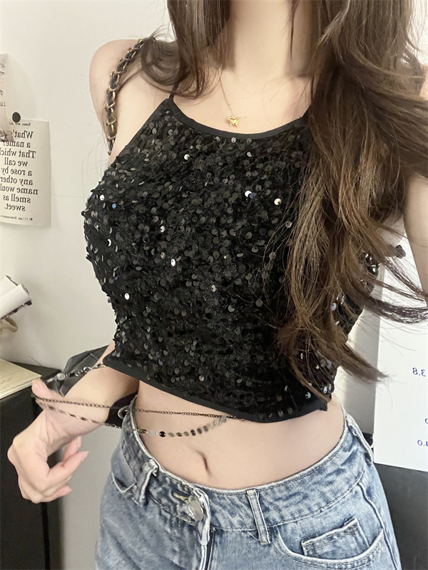 實拍 辣妹修身短款美背上衣亮片bling閃閃鏈條吊帶背心女內搭