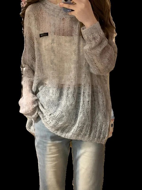 American hot girl hollow loose knitted long-sleeved blouse for women in summer design niche thin breathable sun protection top