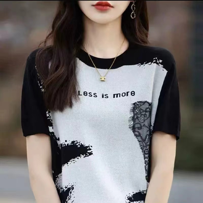 French black and white jacquard short-sleeved knitted T-shirt women's 2025 summer new casual round neck loose top