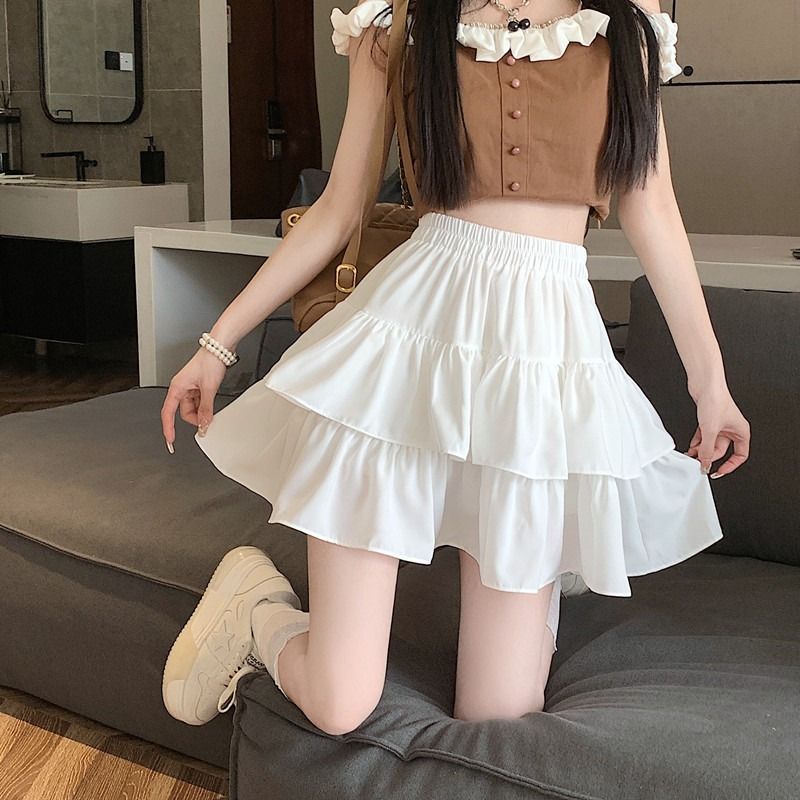 春夏新款荷葉邊雪紡半身裙女假三層款高腰A字裙蓬蓬蛋糕裙子