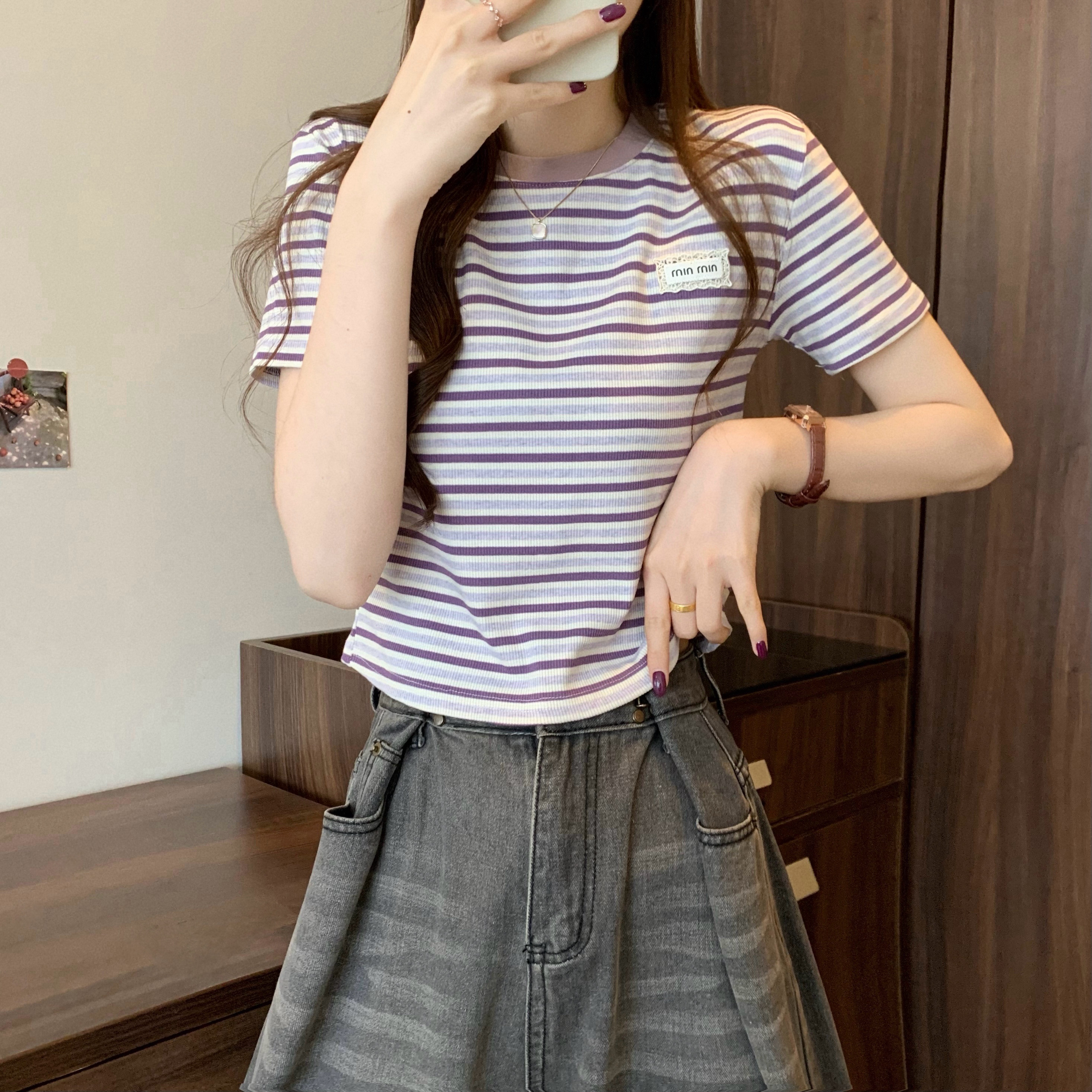 Real shot, new Korean style design, color-blocked striped short-sleeved T-shirt