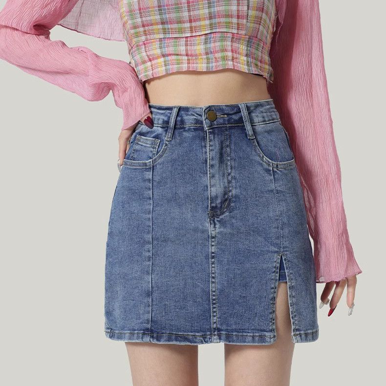 High-waisted denim skirt for women in summer new style, small slim fit and slim A-line anti-exposure slit hip-pack skirt