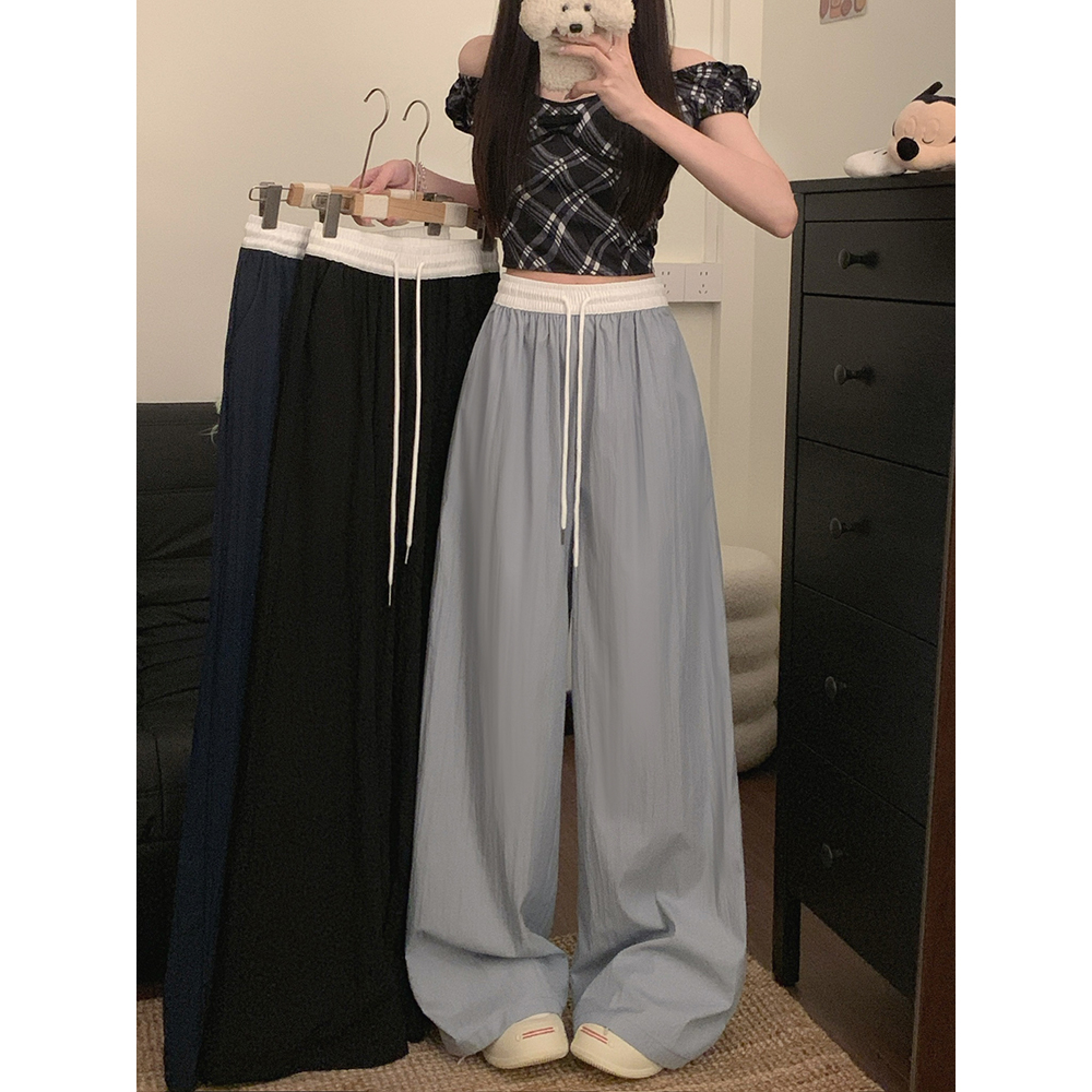 Real shot!  2025 elastic waist drawstring splicing to make slim wide-leg pants for women loose pants casual pants floor-moving pants