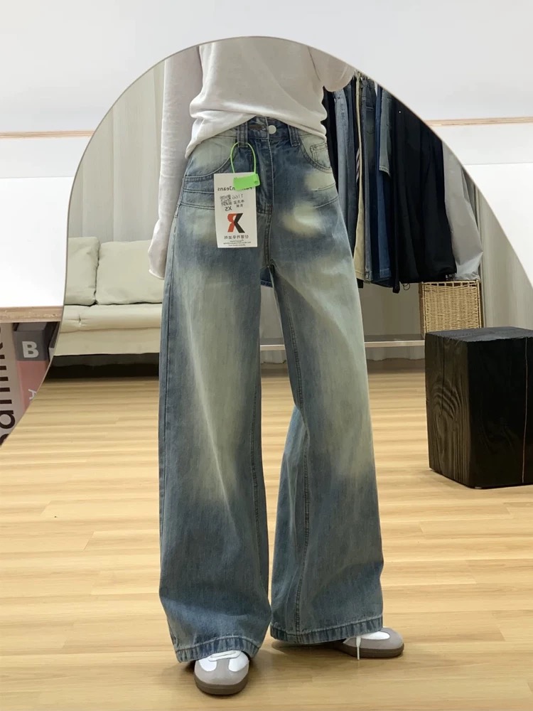 Washed embroidered wide-leg jeans for women in summer new design with high waist loose slim and versatile straight trousers