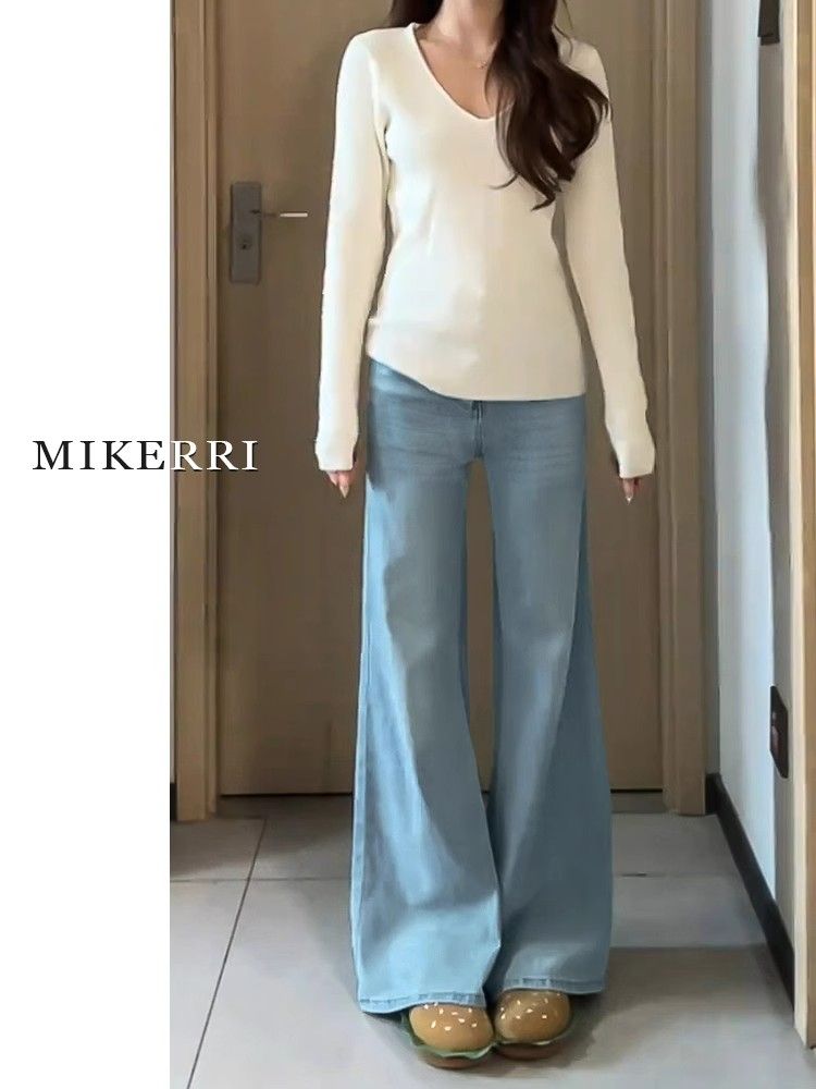 Light colored, high-stretch, elastic, slightly flared jeans for women in spring, new loose and slim pear-shaped body wide-leg pants