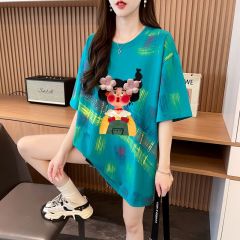 首發100%純棉/後包領寬鬆T恤女小清新洋氣塗鴉中長款顯瘦上衣潮
